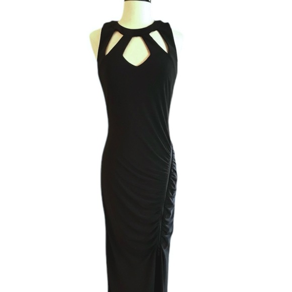 Cache Black Cutout Ruched Zip Slit Sleeveless Maxi Dress Gown Formal Y2K Medium - Picture 1 of 12